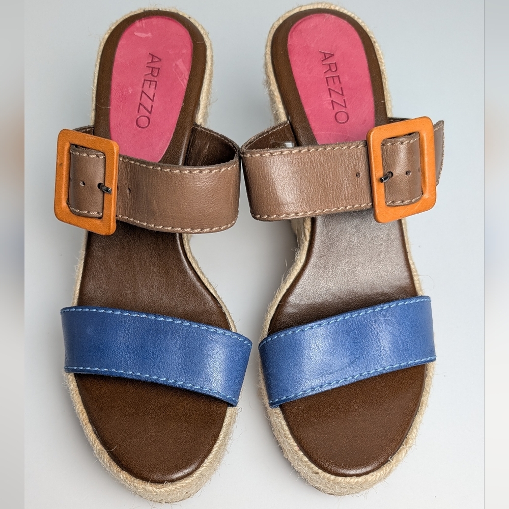 Arezzo Color Block Wedge Heel Espadrilles Sandals Blue Pink US Women's 8 EU 37